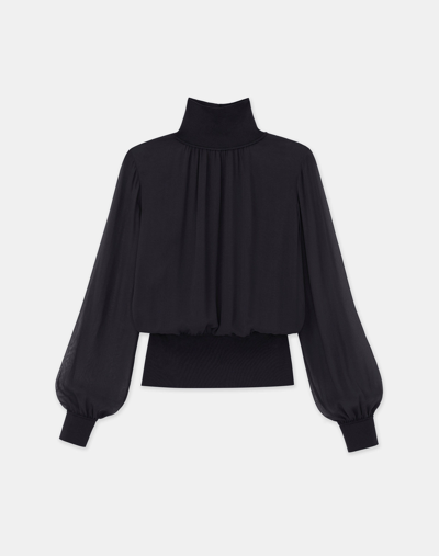 Lafayette 148 Turtleneck Blouson-sleeve Silk Georgette Blouse In Black