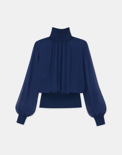 Lafayette 148 Petite Silk Georgette Turtleneck Blouse In Midnight Blue