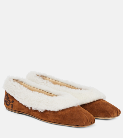Magda Butrym Embroidered Shearling Ballet Flats In Beige