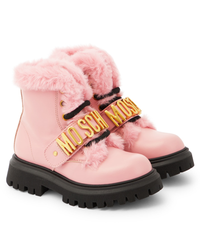 Moschino Kids' Logo Leather Boots In Pink