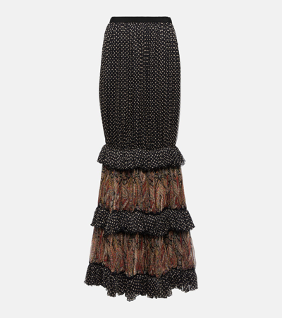Etro Paisley Polka Dot Tiered Maxi Skirt In Black