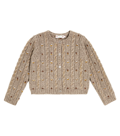 Bonpoint Kids' Dallulah Floral Cable-knit Wool Cardigan In Braun