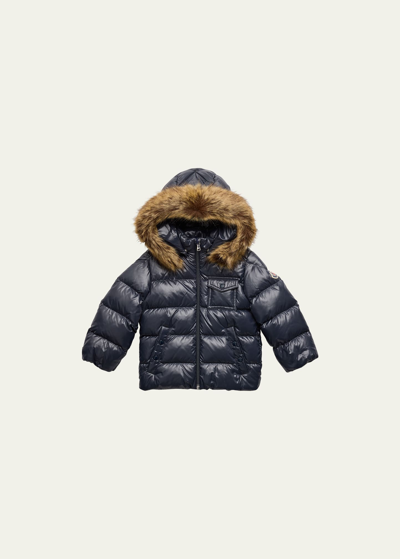 Moncler Kid's Quilted Puffer Faux Fur Jacket In Navy