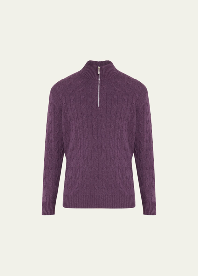 Brunello Cucinelli Men's Cable-knit Quarter Zip Jumper In Purple