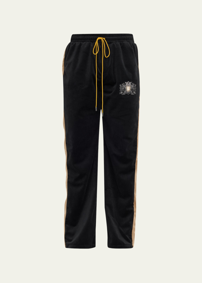 Rhude Men's Velvet Crest Side-stripe Track Pants In Black/khak