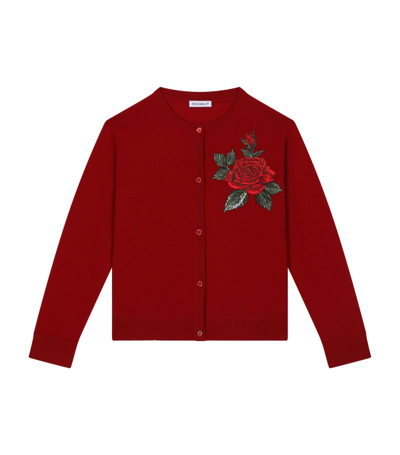 Dolce & Gabbana Kids' Rose Patch Crew Neck Cardigan In Red