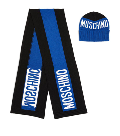 Moschino Kids Knitted Logo Hat And Scarf Set In Blue