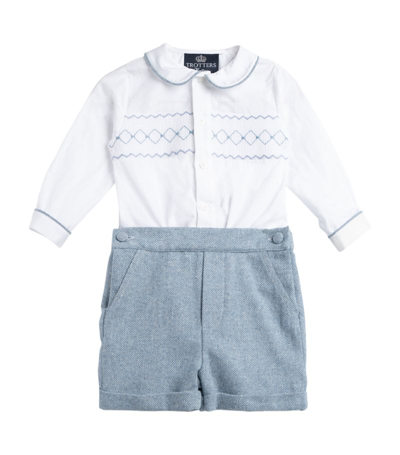 Trotters Kids' Rupert Embroidered-trim Cotton Shirt And Shorts Set 6 Months-7 Years In White / Pale Blue