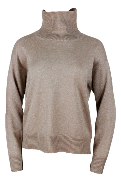 Fabiana Filippi Turtleneck Sweater In Cashmere Wool And Silk With Lurex In Beige