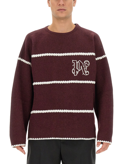 Palm Angels Monogram Striped Sweater In Bordeaux