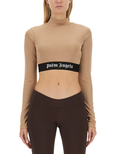 Palm Angels Cropped Top With Logo In Beige