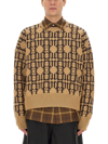 Palm Angels Embroidered Allover Monogram Jacquard Sweater In Beige
