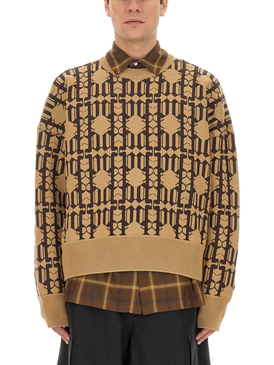 Palm Angels Monogram Knitted Sweater In Beige