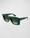 Bottega Veneta Beveled Acetate Rectangle Sunglasses In Shiny Solid Dark