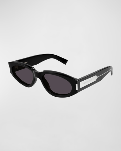 Saint Laurent Engraved Logo Acetate Oval Sunglasses In Shiny Solid Black