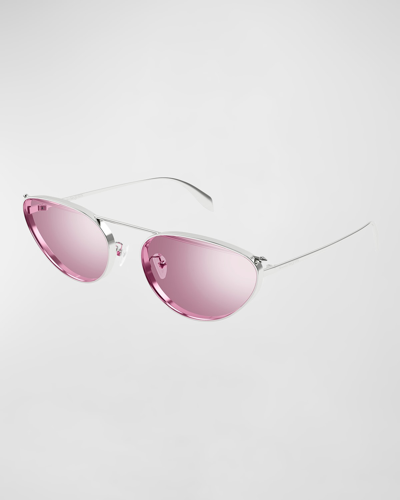 Alexander Mcqueen Studded Metal Cat-eye Aviator Sunglasses In Shiny Silver