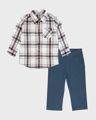 Rufflebutts Kids' Boy's Fall Harvest Plaid Button Down W/ Chino Pants In Blue