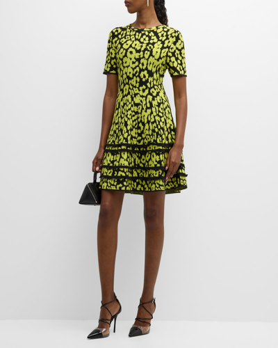 Milly Rosuara Cheetah-print Ruffle-trim Mini Dress In Blackchartreuse
