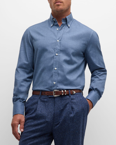 Brunello Cucinelli Men's Cotton Flannel Sport Shirt In Denim