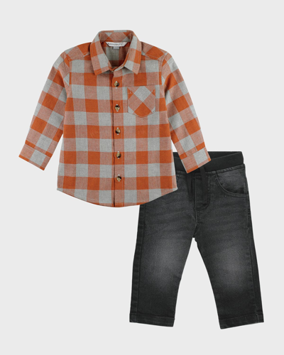 Rufflebutts Kids' Boy's Hadlee Plaid Button Down Shirt W/ Pull-on Jeans In Orange