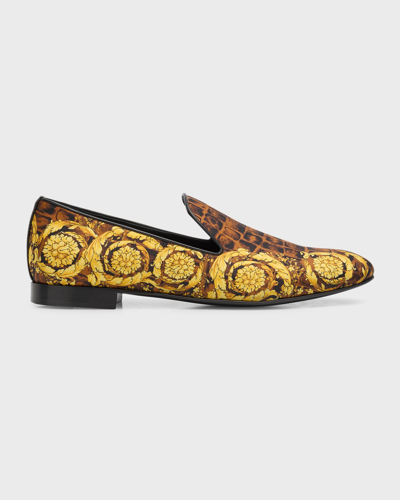 Versace Men's Barocco Print Silk Loafers In Caramel Black Gold