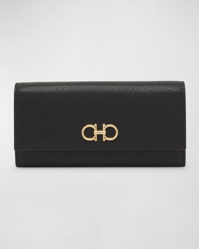 Ferragamo Gancino Flap Leather Wallet With Chain Strap In Nero