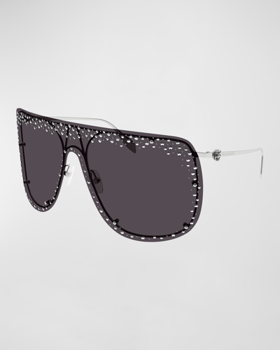 Alexander Mcqueen Studded Skull Shield Sunglasses In Shiny Silver With