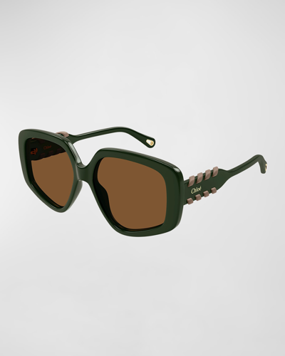 Chloé Acetate Rectangle Sunglasses In Shiny Solid Milit
