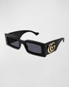 Gucci Geometric Acetate Rectangle Sunglasses In Shiny Solid Black