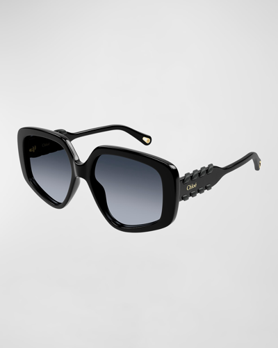 Chloé Acetate Rectangle Sunglasses In Shiny Solid Black