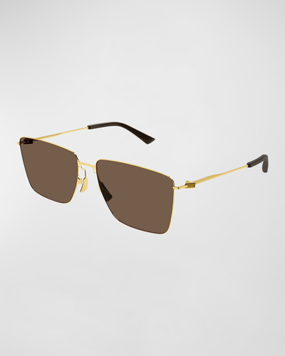 Bottega Veneta Men's Bv1267sm Ultrathin Metal Rectangle Sunglasses In Gold/brown Solid