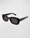 Saint Laurent Logo Acetate Rectangle Sunglasses In Shiny Solid Black