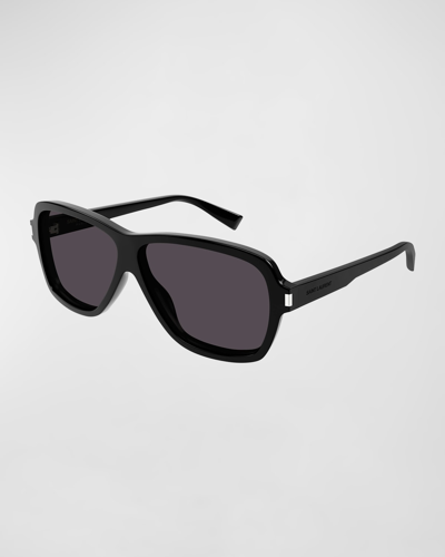 Saint Laurent Men's Sl 609 Carolyn Acetate Aviator Sunglasses In Shiny Solid Black