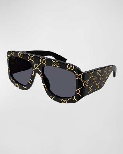 Gucci Men's Gg0983sm Monogram Acetate Shield Sunglasses In Shiny Solid Black