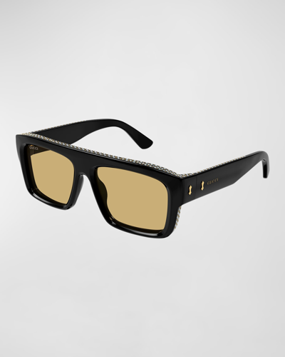 Gucci Men's Gg1461sm Acetate Rectangle Sunglasses With Crystals In 004 Shiny Black
