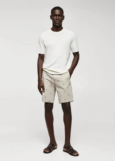 Mango Man Slim Fit Cotton Micro Printed Bermuda Shorts Beige