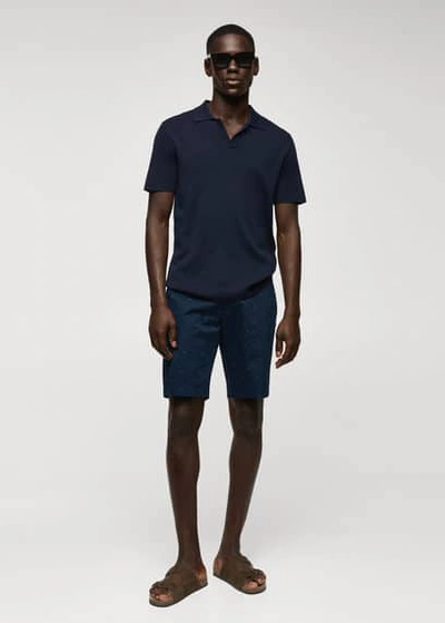 Mango Man Slim Fit Cotton Micro Printed Bermuda Shorts Navy
