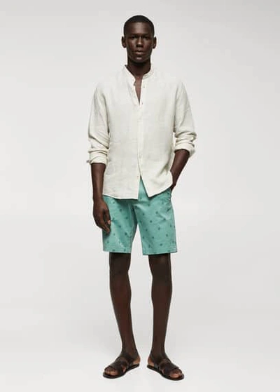 Mango Man Slim Fit Cotton Micro Printed Bermuda Shorts Khaki