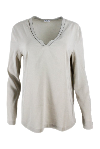 Brunello Cucinelli Long Sleeved V In Beige Rope