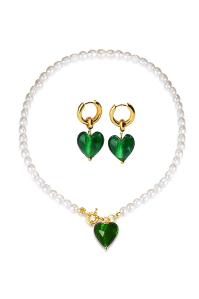 Classicharms Esmée Glaze Heart Pendant Pearl Necklace And Earrings Set In Green