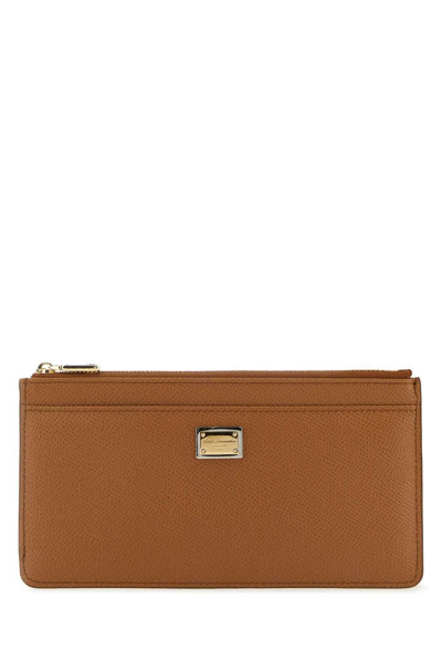 Dolce & Gabbana Logo Plaque Zipped Cardholder In Brown