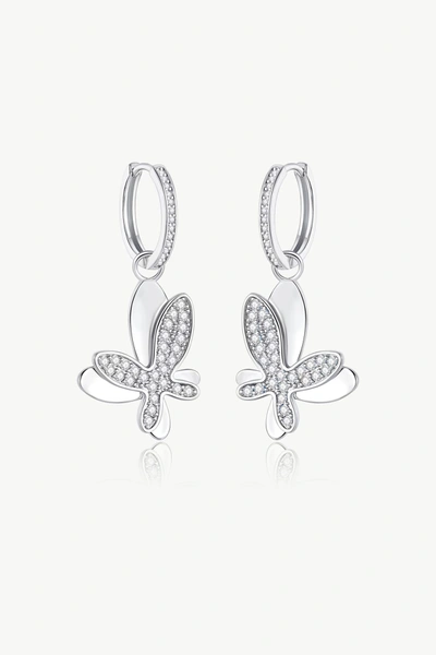 Classicharms Women's Silver Pavé Diamond Butterfly Dangle Drop Hoop Earrings