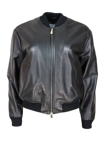 Malo Bomber Jacket With Zip In Soft And Precious Leather With Cashmere Lining. Knitted Collar, Cuffs And In Black