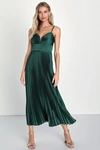 Lulus Fabulous Perfection Emerald Green Satin Pleated Midi Dress In Emerald Green