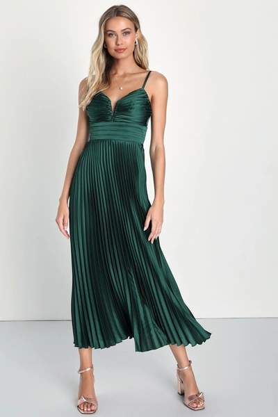 Lulus Fabulous Perfection Emerald Green Satin Pleated Midi Dress