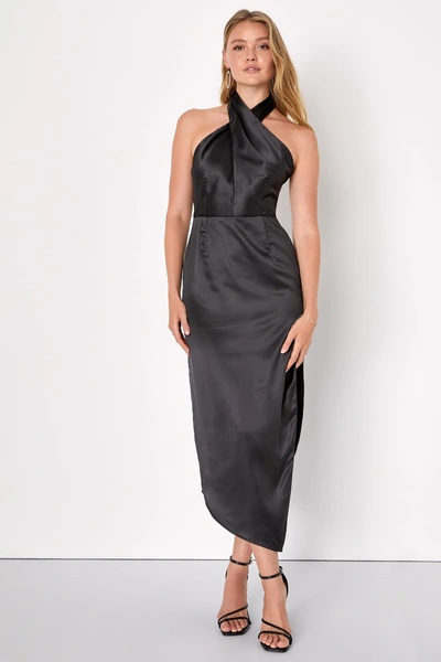 Lulus Glamorous Desires Black Satin Sleeveless Halter Midi Dress