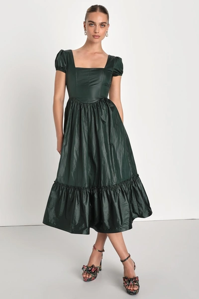 Lulus Surely Chic Emerald Puff Sleeve Corset Midi Dress With Pockets In Green