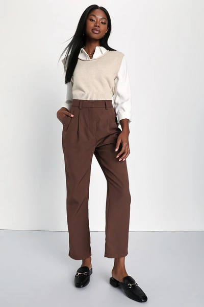 Lulus Posh Promotion Brown Twill High-waisted Slim Leg Trouser Pants