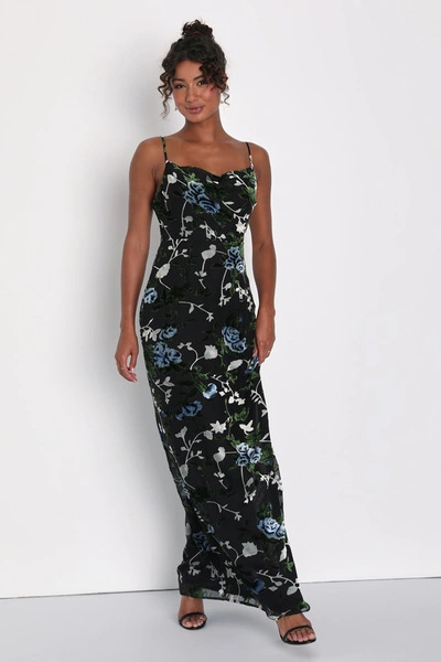Lulus Chic Romantic Black Burnout Velvet Floral Cowl Neck Dress