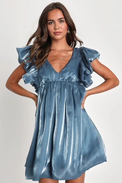Lulus Sensational Shimmer Shiny Slate Blue Ruffled Babydoll Dress